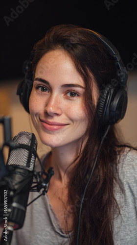 Close-up of a woman wearing headphones and speaking into a microphone while recording a podcast in a professional studio setting.
