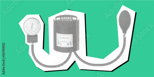 Sphygmomanometer halftone dotted collage element pointillize in paper torn vector. Symbolizing health monitoring, blood pressure, and medical diagnostic