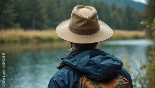 Person wearing hat and backpack near lake. Hiker explores nature, protected from sun and rain. Enjoying outdoor adventure in forest. Focus on headgear, clothing, and landscape.