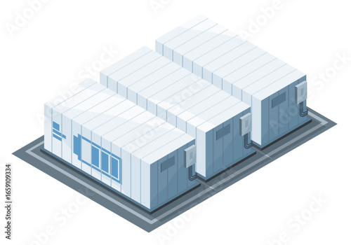 Isometric illustration of industrial energy storage system with modular battery containers cooling units and electrical infrastructure isolated on white background