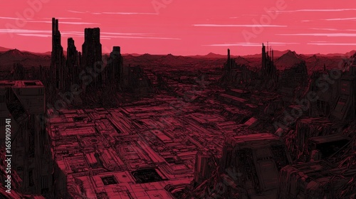 Apocalyptic cityscape in shades of red depicting urban ruin and desolation with a retro sci-fi