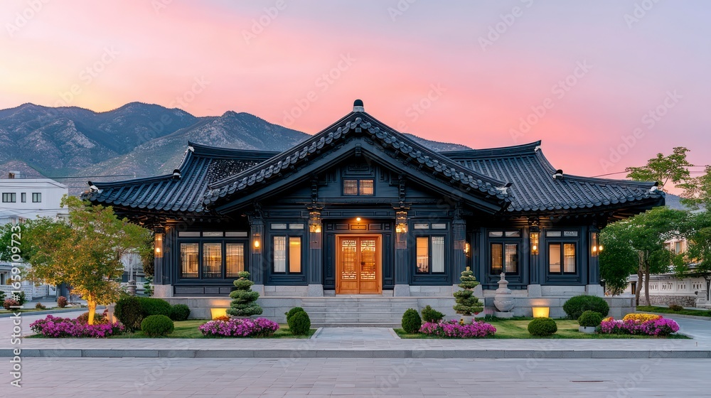 Obraz premium Traditional Korean house with ornate dark eaves against a soft twilight sky and mountains
