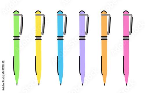 Collection of Colorful pens in flat style. Back to School. School educational supplies Icons. Vector Illustration Elements School. Pens for Writing. Office Supplies.