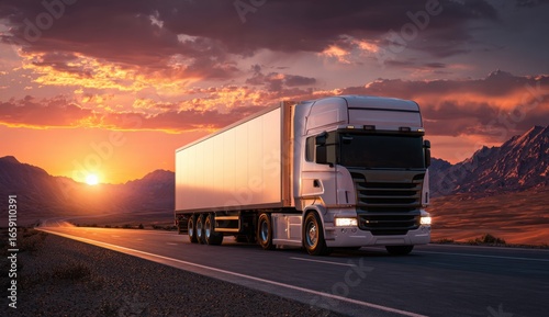 Wallpaper Mural Large modern semi-truck with a sleek cab and long trailer driving on a highway during sunset with vibrant sky and scenic landscape Torontodigital.ca