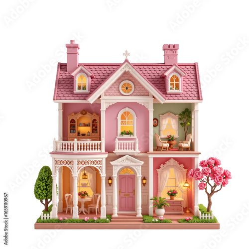 Charming pink dollhouse interior design toy display cozy atmosphere home environment front view imagination