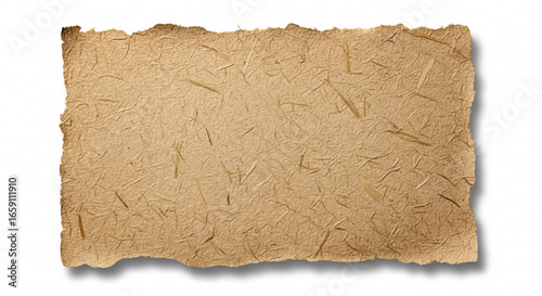 A piece of rough brown paper with fibers and torn edges on a white background casting a soft shadow on transparent background