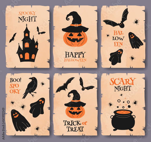 Halloween Greeting Card set with Pumpkin, Bat, Castle, Ghost, Spider, Potion on Vintage Antique Old Paper Sheets with Ripped Edges. Happy Halloween Day Vector Illustration Template With Greeting Text.