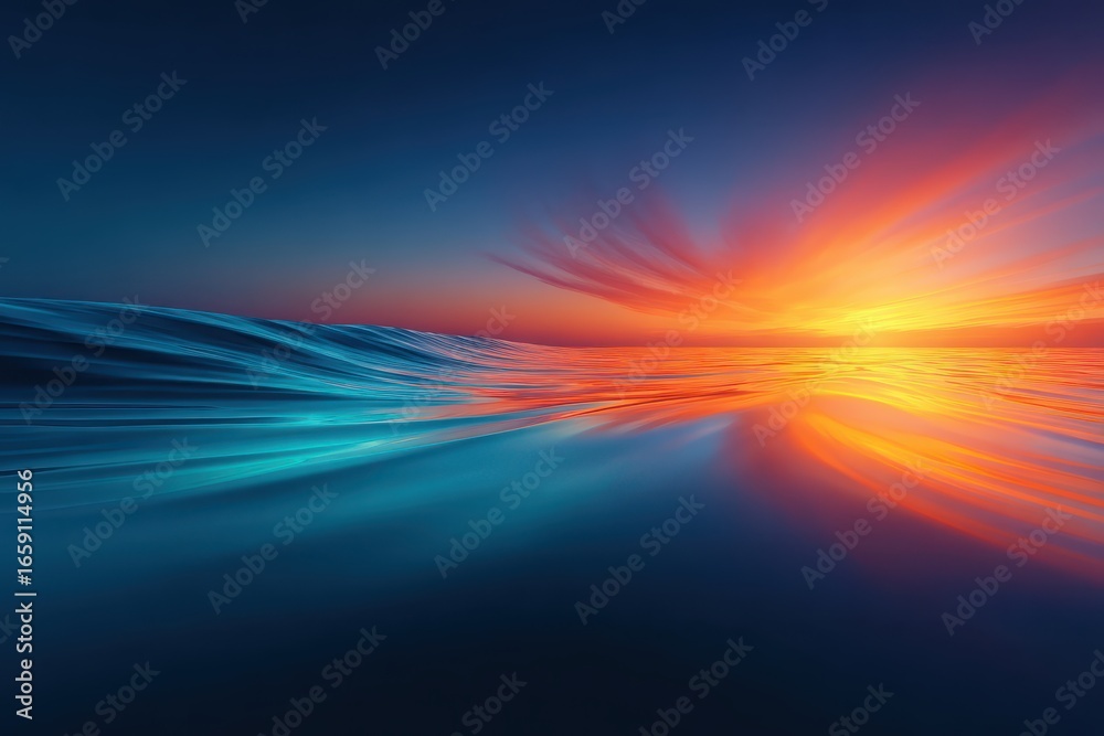 Fototapeta premium A vibrant sunset reflecting on a calm ocean surface, showcasing a blend of deep blues and fiery oranges.