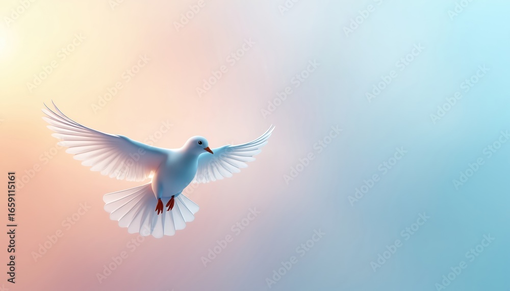 Obraz premium White dove gracefully soars through vibrant gradient sky. Peace, hope, purity, serenity, spirituality. Minimalist illustration with soft light, ideal for wallpaper, posters, cards, religious artwork.