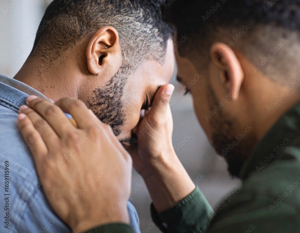 Fototapeta premium Hand of young supportive girls consoling his friend or one of attendants with post traumatic syndrome caused by dramatic life event