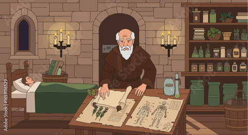 Medieval healer examining anatomical sketches while tending a patient in his chamber