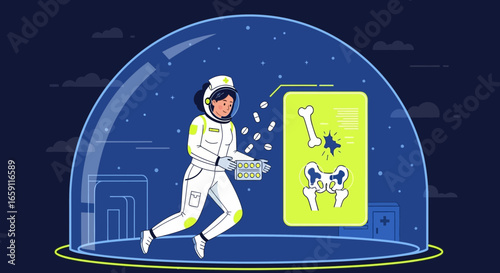 Astronaut medic providing bone health medication within biodome environment