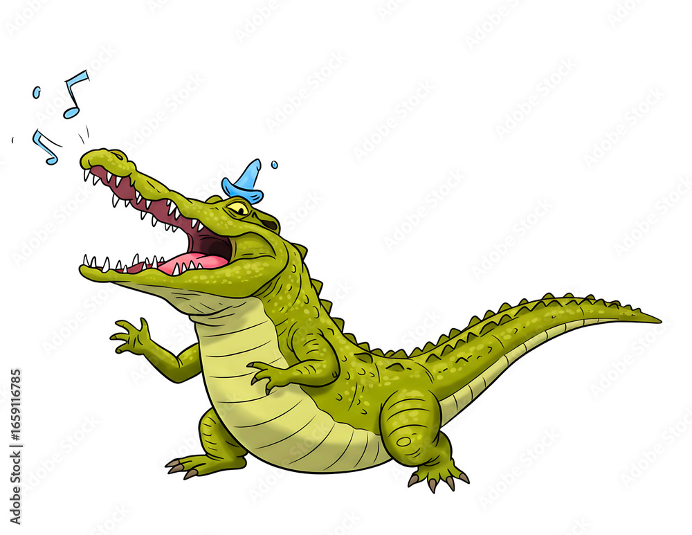 Fototapeta premium Joyful alligator singing with a butterfly on its snout