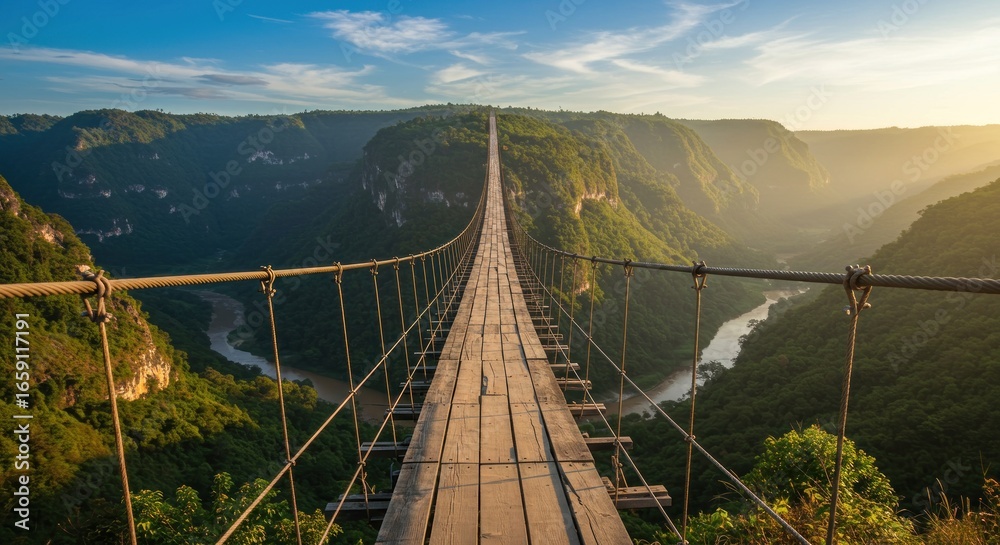 Obraz premium Wooden suspension bridge stretches across a lush, green valley, bathed in warm sunlight at dusk