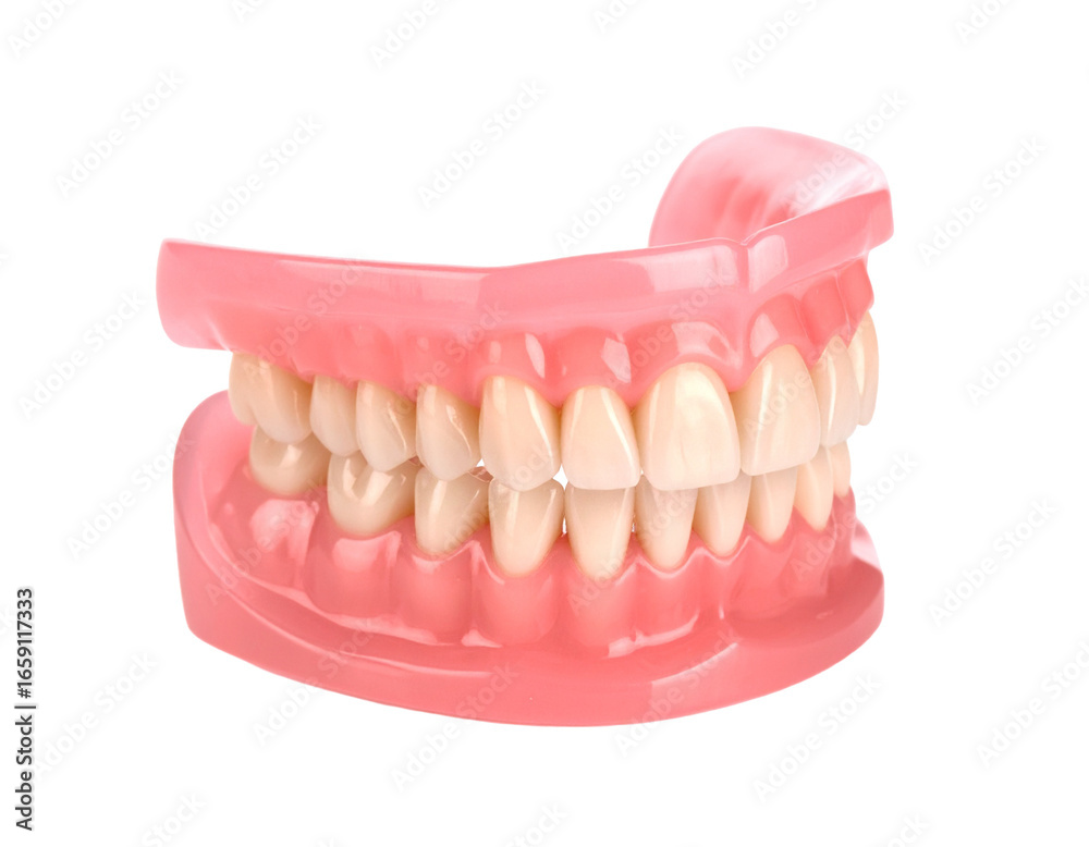 Obraz premium A 3D model of a full dental arch with a realistic gum base, illustrating a healthy set of teeth.