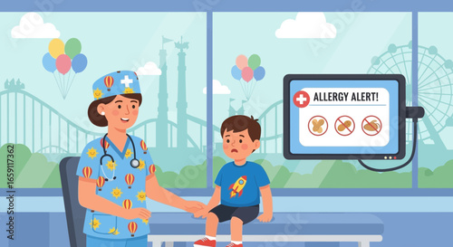 Pediatrician explaining allergy alert to worried little patient at clinic