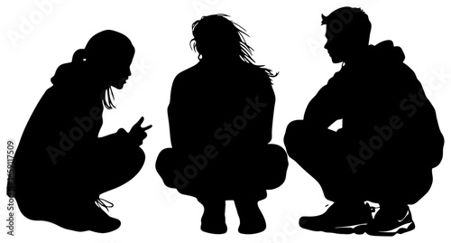 sekarang silhouette of three people crouching and talking casually
