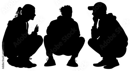sekarang silhouette of three people crouching and talking casually