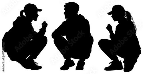sekarang silhouette of three people crouching and talking casually