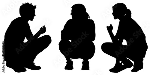 sekarang silhouette of three people crouching and talking casually