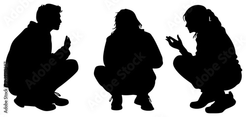 sekarang silhouette of three people crouching and talking casually