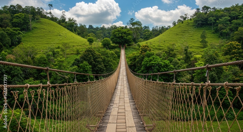 Obraz premium Rope bridge spans green valley, reaching tree centered between lush rolling hills under partly cloudy skies