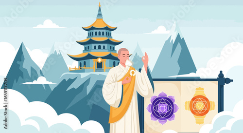 Spiritual Harmony: A Monk's Journey Amidst Mountains and Sacred Geometry