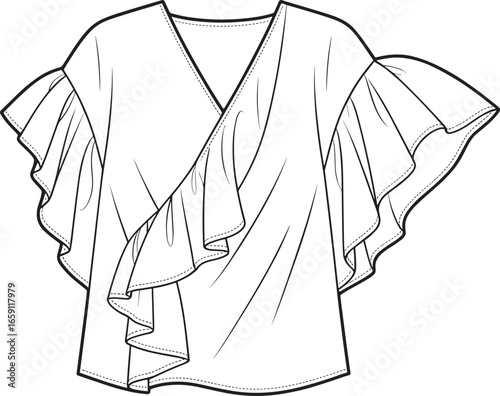 Black and white fashion illustration of a ruffled wrap blouse clothing women's fashion