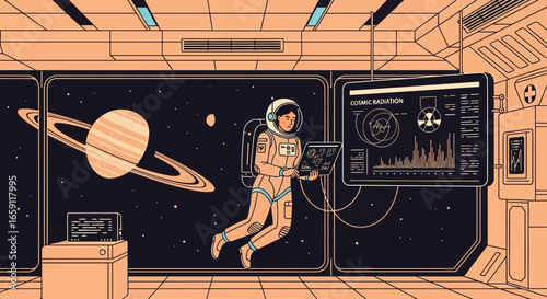 Astronaut Analyzing Cosmic Radiation Data in Space Station, Exploring Universe