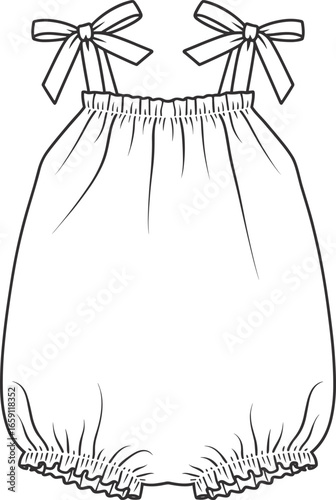 Black and white line drawing of a baby romper with bow straps and ruffled hem clothing fashion