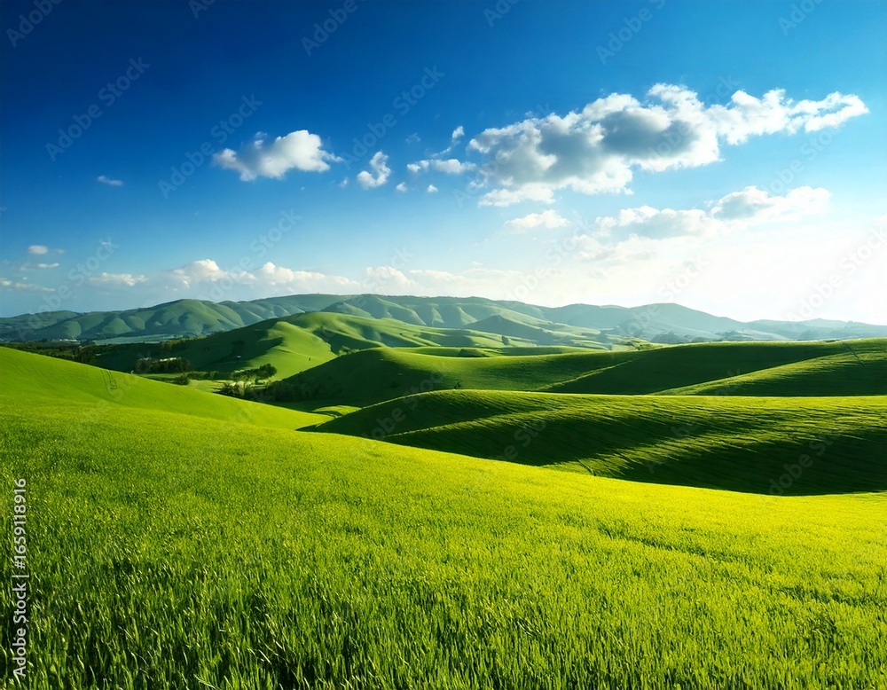 Obraz premium Serene green rolling hills under a soft blue sky 