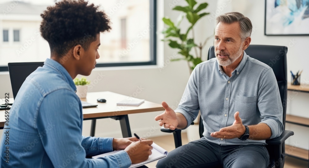 Fototapeta premium Two men in a office setting, discussing work.
