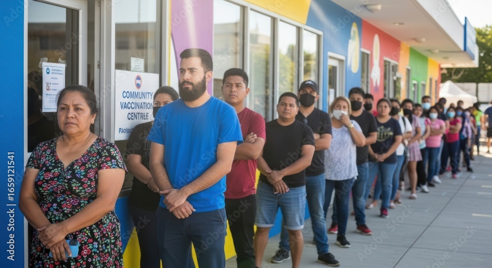 Fototapeta premium People waiting in line at a vaccination center.