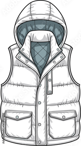 White puffer vest with hood and pockets vector illustration white vest hooded vest