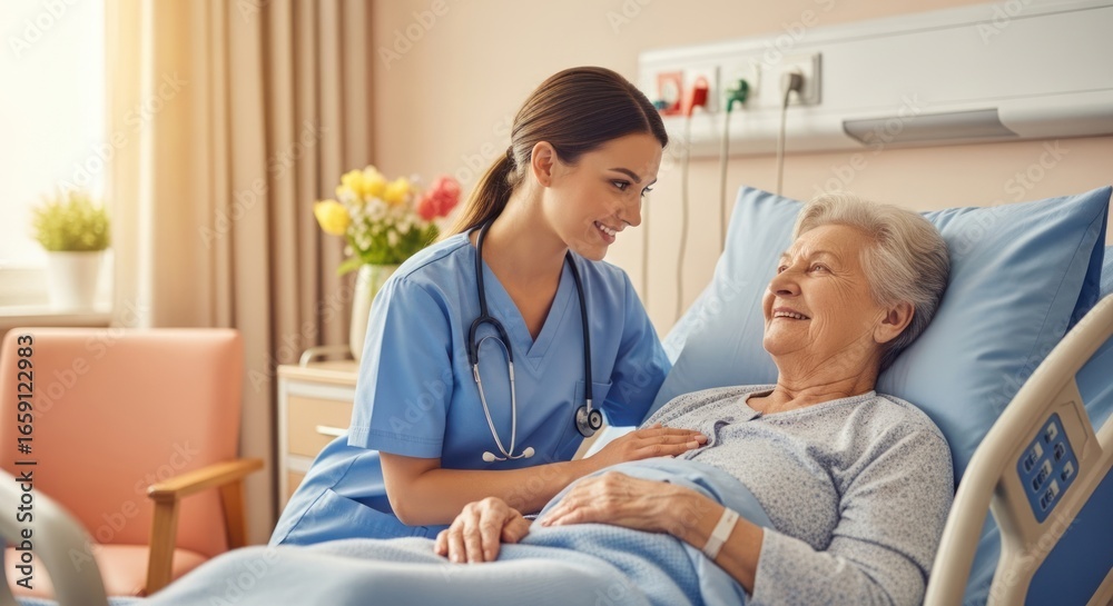 Obraz premium A nurse and elderly patient in a hospital room.