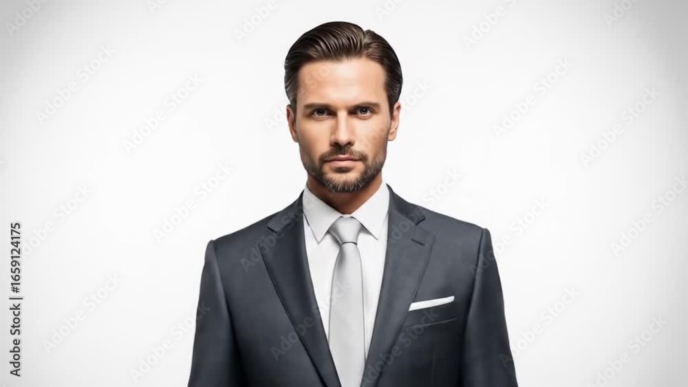 Confident businessman in a suit stands with a briefcase, close-up portrait on a white background Confident businessman in a suit stands with a briefcase, close-up portrait on a white background
