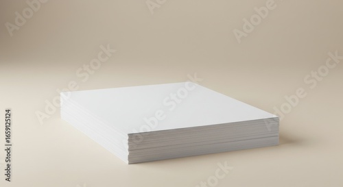A stack of pristine, white rectangular paper, neatly arranged against a soft beige background, illuminated by natural light