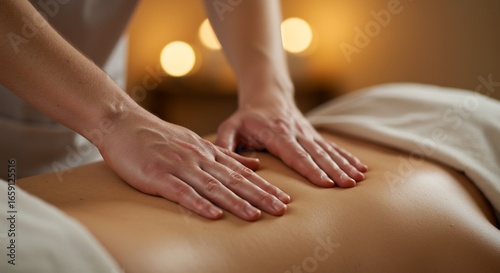Wallpaper Mural Two hands massaging a persons lower back on a massage table Background has soft bokeh lights Torontodigital.ca