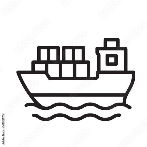 Vector icon minimalist large cargo ship carrying many containers, designed in black and white theme with bold black outline, symbolizing trade, shipping, transport, business, logistics, global.