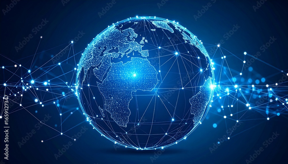 Connected Digital Earth Sphere with Glowing Network Architecture, Data Points and Communication Lines on Dark Blue Background for Fintech, Blockchain and Digital Business Concepts