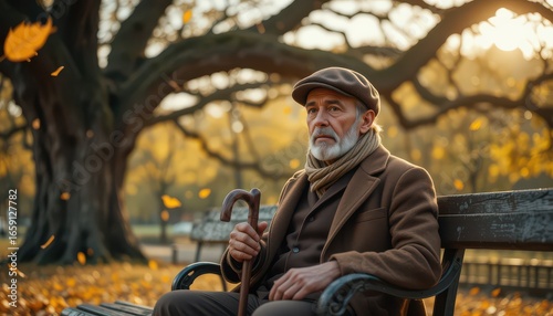 an elderly man sits on a bench in a park