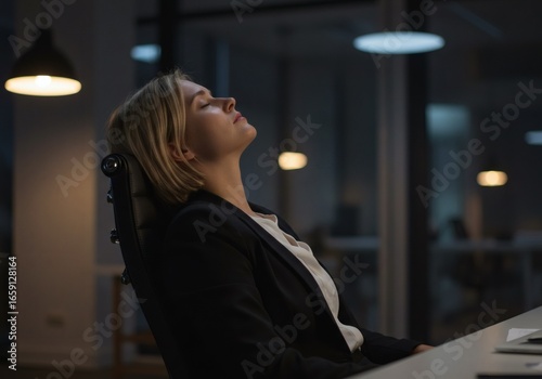 Exhausted businesswoman experiencing corporate burnout and stress, leaning back in her office chair late at night.