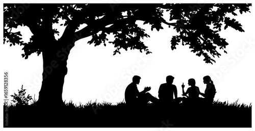 silhouette of friends sitting under tree talking