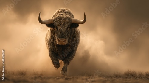 Majestic bison charging through a dusty plain with powerful horns and intense focus