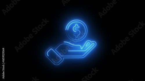 Blue neon hand holding dollar coin icon money finance