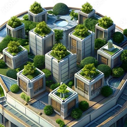 Rooftop Garden Oasis: An aerial view showcases a contemporary rooftop garden with eco-friendly design elements. featuring modern architecture and vibrant greenery.