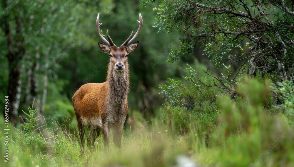 Obraz premium Majestic deer standing alert in lush green forest with dense foliage and natural sunlight