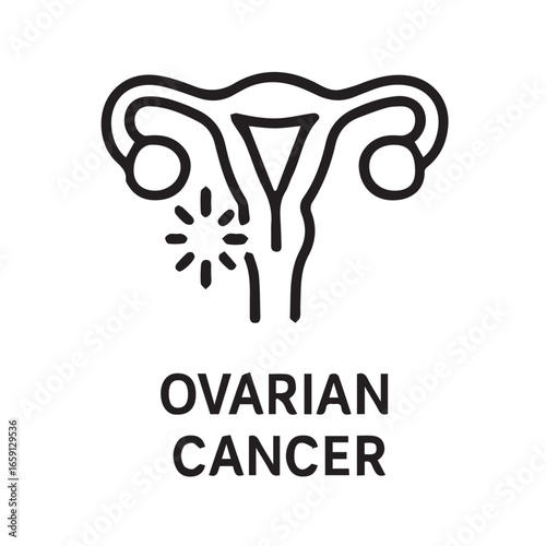 Vector icon minimalist design centered on ovarian cancer concept, simple black and white style with strong black outline, promoting awareness, solidarity, empathy, care.