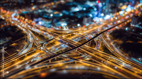 City interchange at night with glowing lights and abstract bokeh effect.