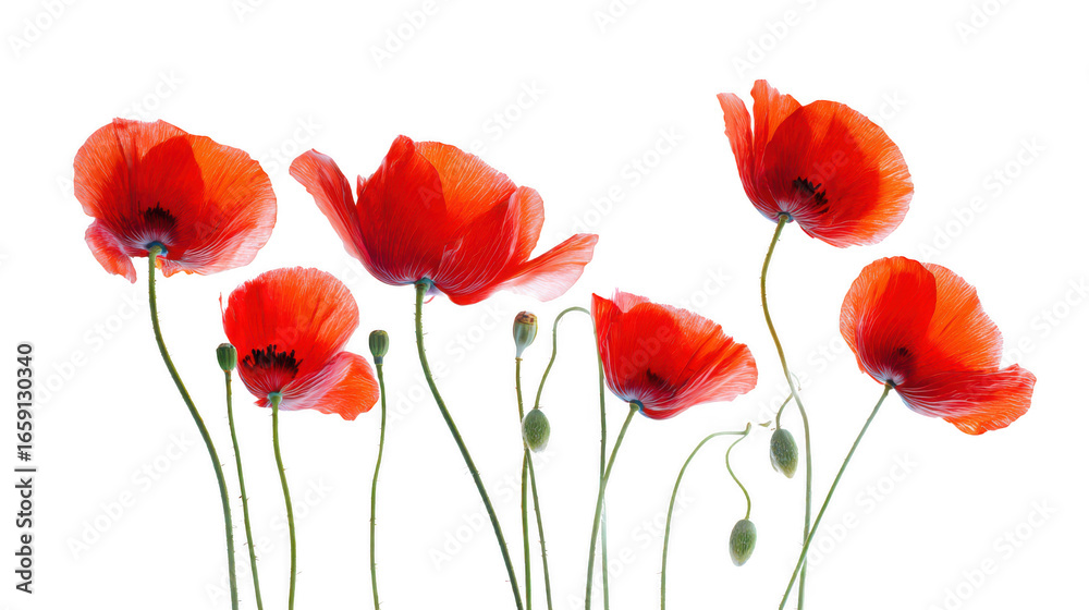Naklejka premium Vivid Red Poppies with Stems and Buds on a Black Background